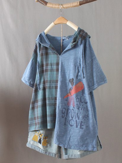 Cartoon Printed Plaid Short Sleeve Hooded Patchwork T-shirt - Click Image to Close