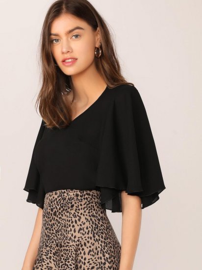 Solid V-Neck Flutter Sleeve Top - Click Image to Close