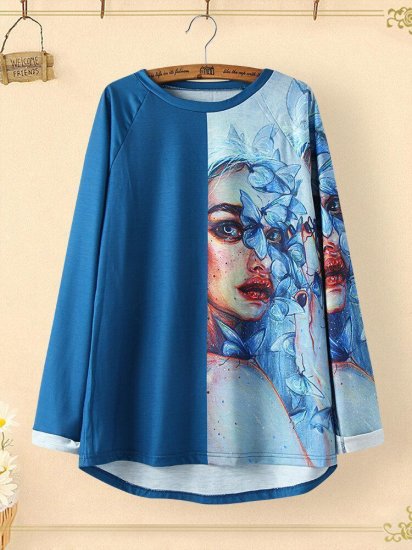 Vintage Patchwork Printed O-neck Long T-shirt For Women - Click Image to Close