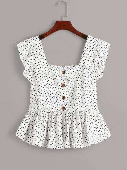 Confetti Heart Print Ruffle Hem Blouse - Click Image to Close