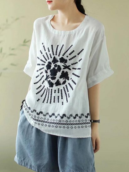 Flower Embroidery Half Sleeve Loose T-shirt For Women - Click Image to Close