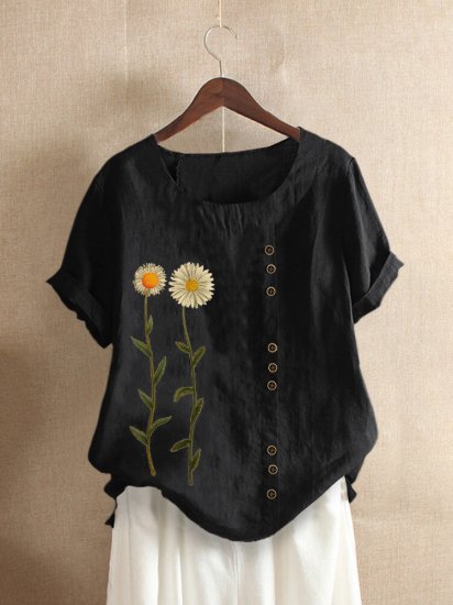 Floral Printed Short Sleeve O-Neck T-shirt For Women - Click Image to Close