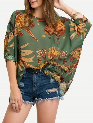 Feather Print Batwing Sleeve Chiffon Top