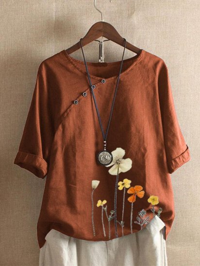 Floral Printed Button O-neck Half Sleeve T-shirt - Click Image to Close