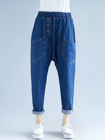 Button Solid Color Elastic Waist Casual Harem Denim - Click Image to Close