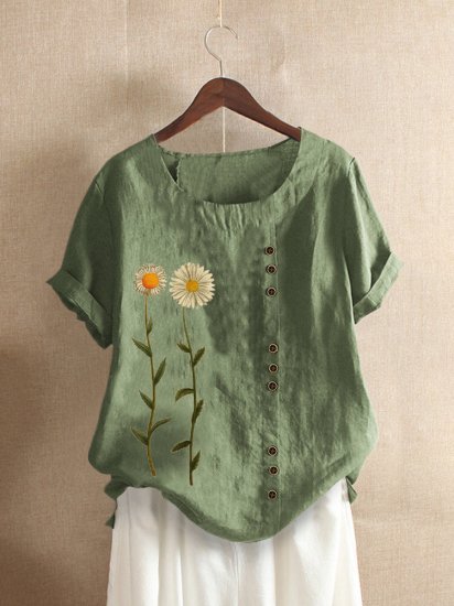 Floral Printed Short Sleeve O-Neck T-shirt For Women - Click Image to Close