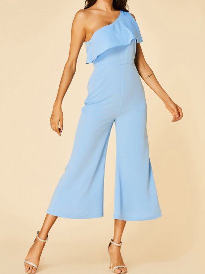 Solid Color Plain One-shoulder Ruffle Long Casual Jumpsuit for Women - Click Image to Close