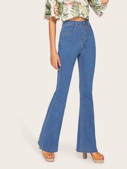 High Waist Button Up Flare Hem Jeans - Click Image to Close