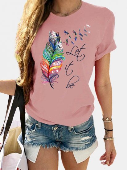 Feather Dragonfly Print Short Sleeve Casual T-shirt For Women - Click Image to Close