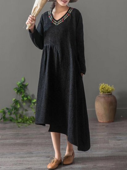 Embroidered Jacquard Asymmetrical Long Sleeve Vintage Dresses - Click Image to Close