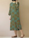 Vintage Floral Print O-neck Long Sleeves Split Hem Casual Dress