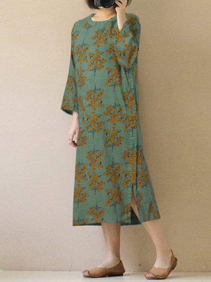 Vintage Floral Print O-neck Long Sleeves Split Hem Casual Dress - Click Image to Close