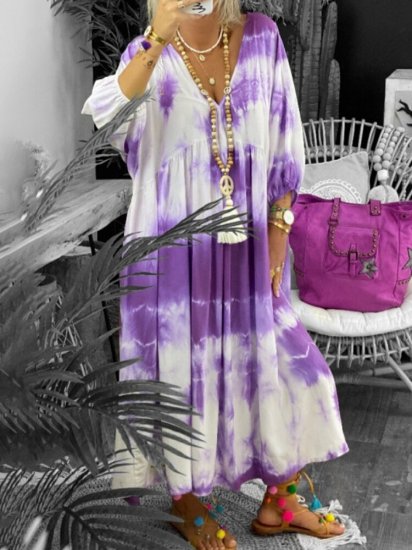 Tie-dye Long Sleeve V-neck Midi Dress - Click Image to Close