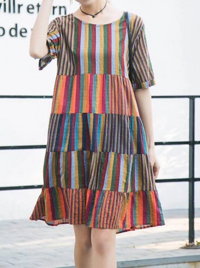 Stripe Multi-color Short Sleeve O-neck Casual Dresses - Click Image to Close