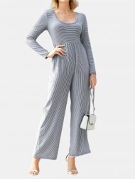 Striped Print Patchwork Long Sleeve Casual Jumpsuit for Women