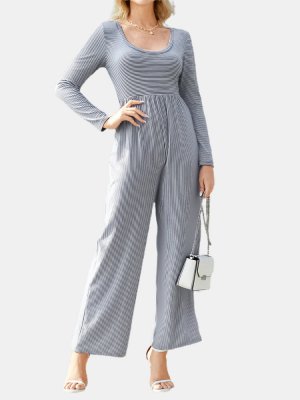 Striped Print Patchwork Long Sleeve Casual Jumpsuit for Women