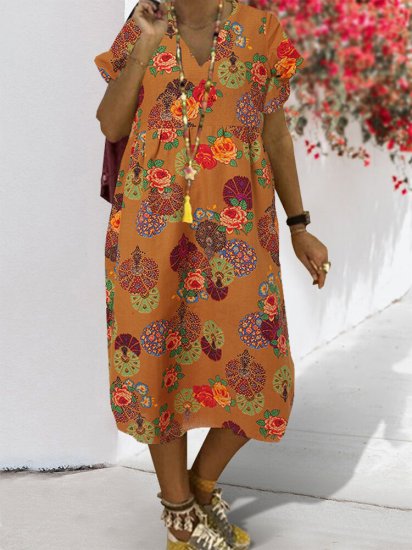 Casual Floral Print V-neck Short Sleeve Loose Midi Cotton Dress - Click Image to Close