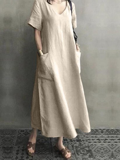 Vintage Short Sleeve V Neck Pockets Dress - Click Image to Close