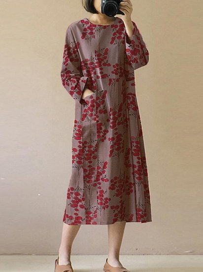 Vintage Floral Print O-neck Long Sleeves Split Hem Casual Dress - Click Image to Close