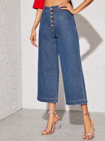 Button Fly Crop Wide Leg Jeans - Click Image to Close