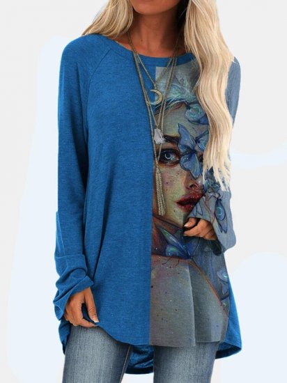 Vintage Patchwork Printed O-neck Long T-shirt For Women - Click Image to Close