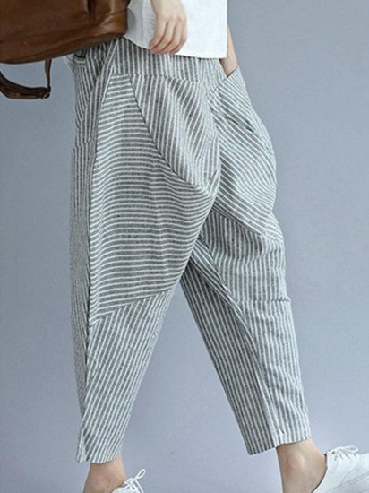 Elastic Waist Loose Stripe Casual Harem Pants With Pockets - Click Image to Close