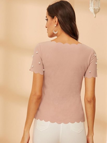 Scallop Trim Pearls Beaded Tee - Click Image to Close