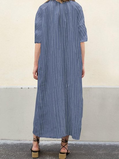 Vintage Striped V Neck Pockets Summer Maxi Dress - Click Image to Close