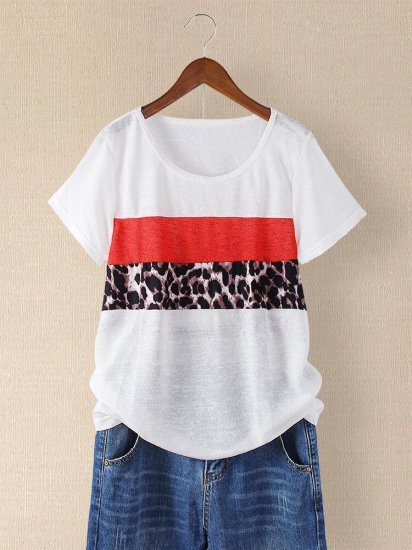 Leopard Printed O-neck Short Sleeve Casual T-shirt - Click Image to Close