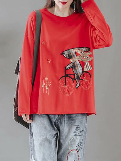 Cartoon Embroidery Long Sleeve O-neck T-shirt For Women - Click Image to Close