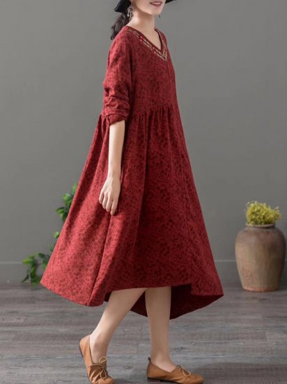 Embroidered Jacquard Asymmetrical Long Sleeve Vintage Dresses - Click Image to Close