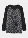 Black Cat Print Long Sleeve V-neck White Striped T-shirt For Women