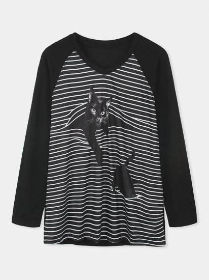 Black Cat Print Long Sleeve V-neck White Striped T-shirt For Women - Click Image to Close