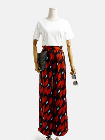 Women Bohemian Printed Back Zipper Wide Leg Pants - Click Image to Close