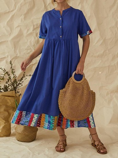 Vintage Patchwork Notch Neck Short Sleeve Button Maxi Dress - Click Image to Close