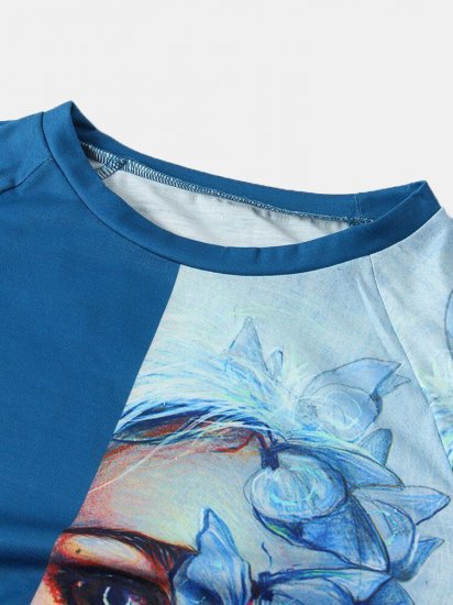 Vintage Patchwork Printed O-neck Long T-shirt For Women - Click Image to Close