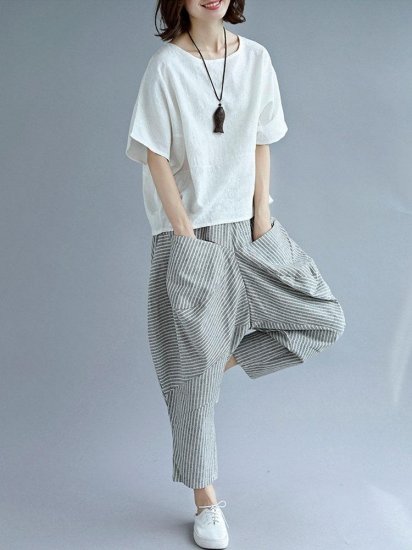 Elastic Waist Loose Stripe Casual Harem Pants With Pockets - Click Image to Close