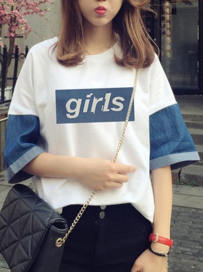 Denim Patchwork Printed Letters Short Sleeve Casual T-Shirts - Click Image to Close