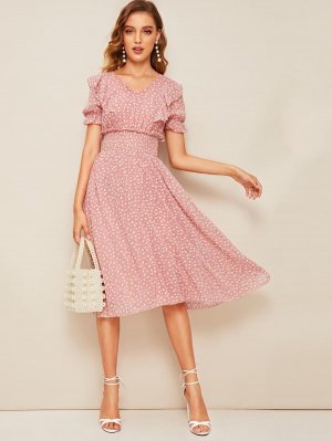 Ruffle Trim Puff Sleeve Shirred Waist Dress