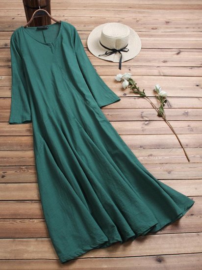 Women Vintage Cotton Tunic Baggy Long Sleeve Maxi Dress - Click Image to Close