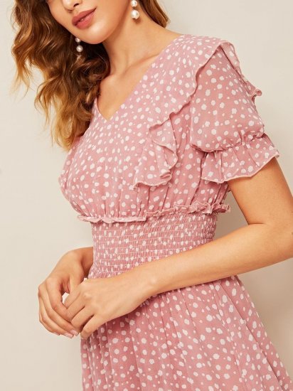 Ruffle Trim Puff Sleeve Shirred Waist Dress - Click Image to Close