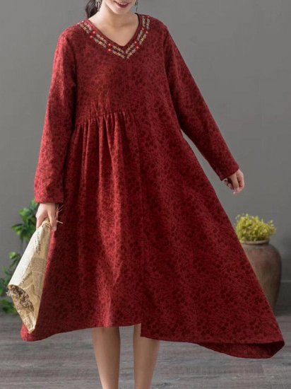 Embroidered Jacquard Asymmetrical Long Sleeve Vintage Dresses - Click Image to Close