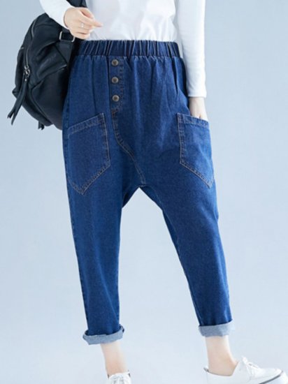 Button Solid Color Elastic Waist Casual Harem Denim - Click Image to Close