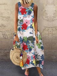 Flower Printed Sleeveless O-neck Casual Dress