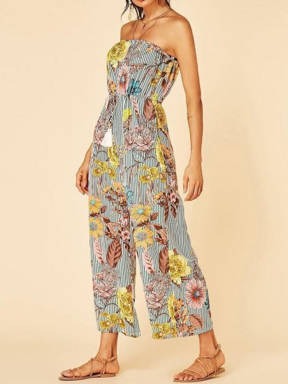 Striped Floral Print Off-shoulder Pocket Casual Jumpsuit for Women - Click Image to Close