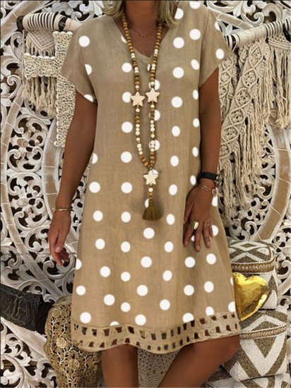 Bohemian Polka Dot Printed V-neck Short Sleeve Midi Dress - Click Image to Close