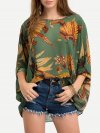 Feather Print Batwing Sleeve Chiffon Top