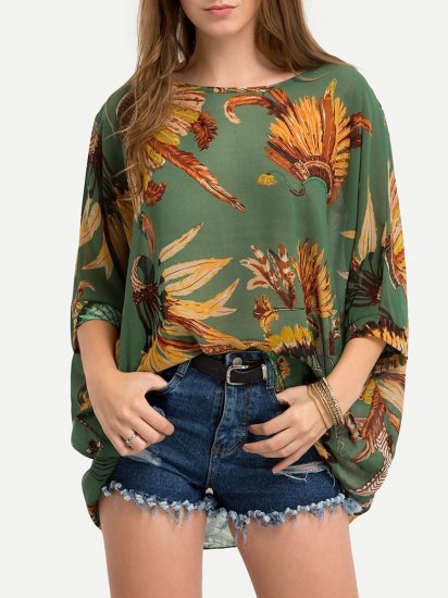 Feather Print Batwing Sleeve Chiffon Top - Click Image to Close