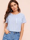 Pocket Patched Button Back Striped Blouse