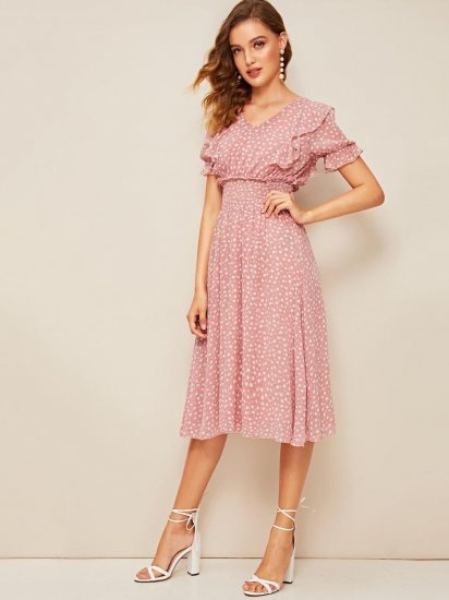 Ruffle Trim Puff Sleeve Shirred Waist Dress - Click Image to Close